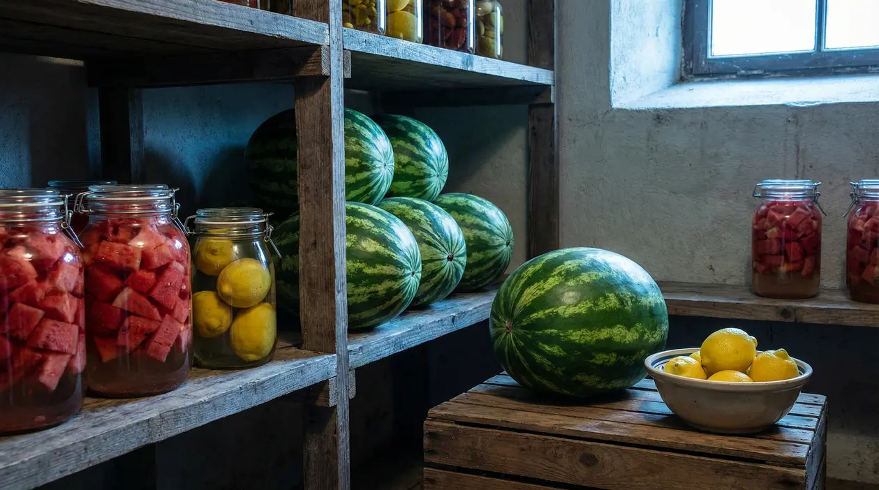 Angurie intere e a pezzi conservate in barattoli di vetro su scaffali in una dispensa