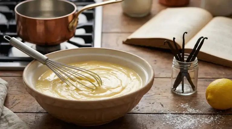 Ciotola con crema pasticcera e frusta su un tavolo da cucina con ingredienti