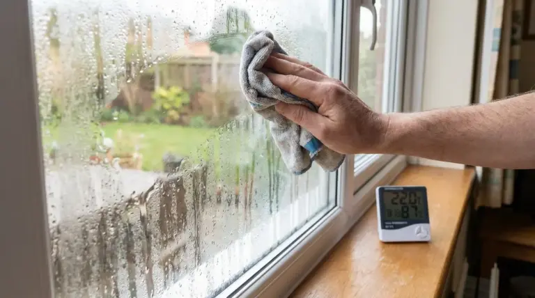 Mano che asciuga la condensa su una finestra con un panno, con igrometro appoggiato sul davanzale