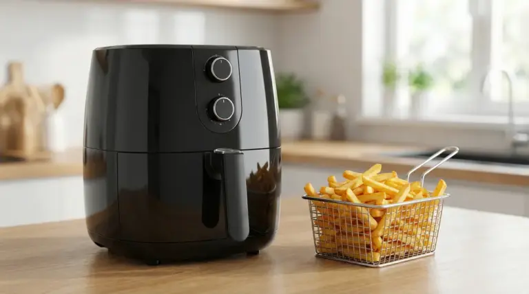 Friggitrice ad aria nera su piano cucina con cestello di patatine fritte accanto