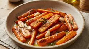 Carote arrosto servite in un piatto con aglio, rosmarino e olio d'oliva