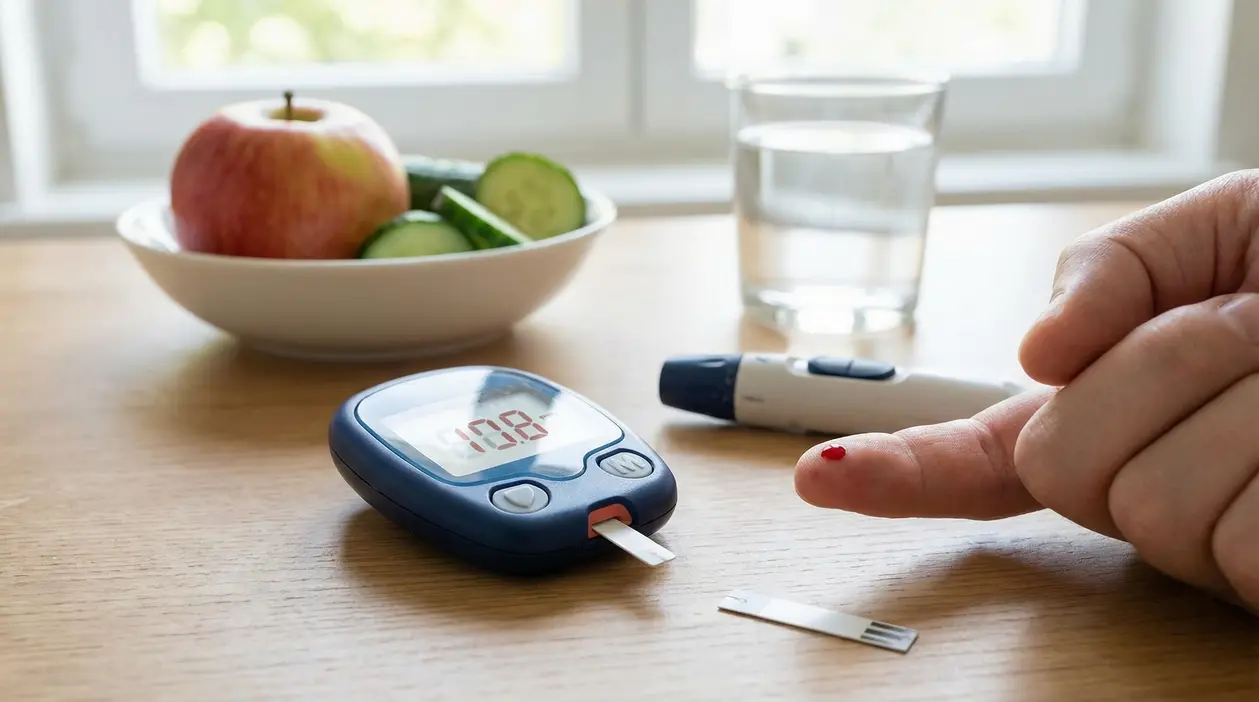 Una persona misura i livelli di zucchero nel sangue con un glucometro su un tavolo.