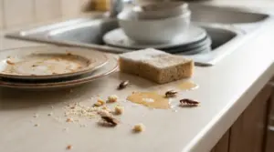 Scarafaggi su un piano cucina sporco con briciole, piatti sporchi e residui di cibo vicino al lavello