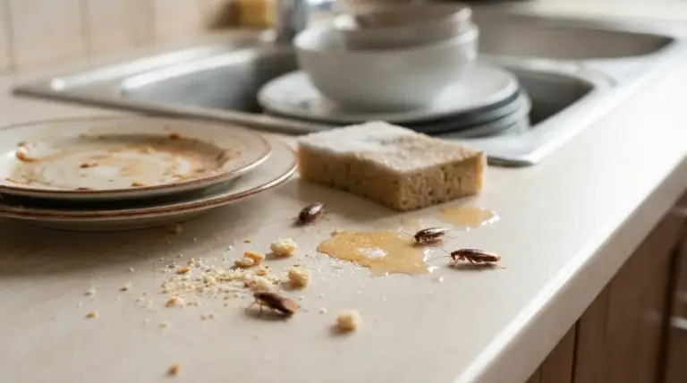 Scarafaggi su un piano cucina sporco con briciole, piatti sporchi e residui di cibo vicino al lavello