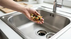 Una mano tiene scarti alimentari sopra il lavello della cucina