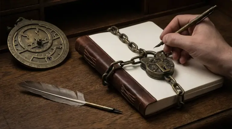 Una mano con una penna vicino a un libro incatenato con un lucchetto antico su una scrivania di legno