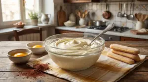 Ciotola di crema al mascarpone con cucchiaio, affiancata da savoiardi, uova e cacao su tavolo rustico