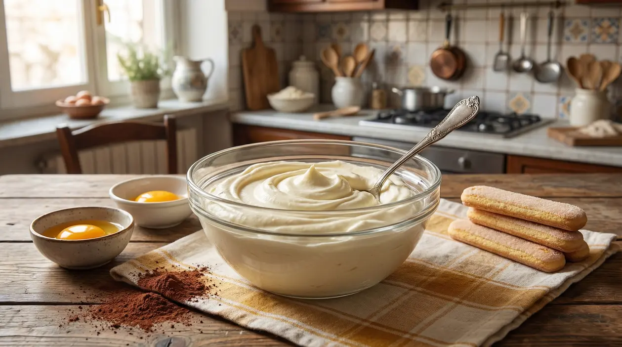 Ciotola di crema al mascarpone con cucchiaio, affiancata da savoiardi, uova e cacao su tavolo rustico