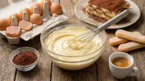 Ciotola con crema al mascarpone accanto a uova, savoiardi, cacao e caffè su un tavolo rustico