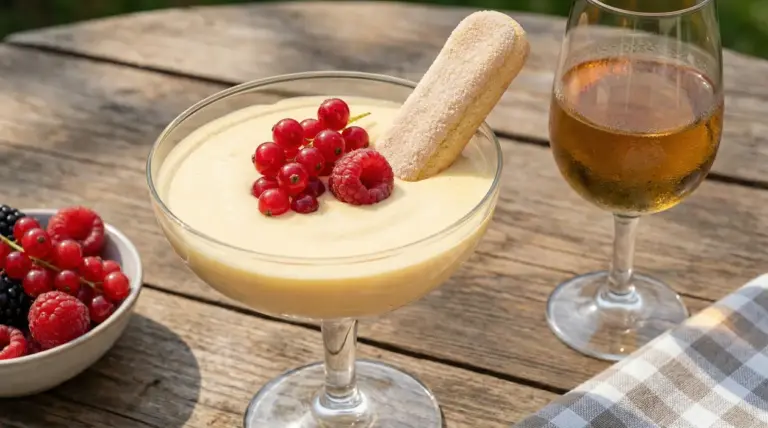 Coppa di crema allo zabaione fredda con frutti di bosco e savoiardo su tavolo di legno