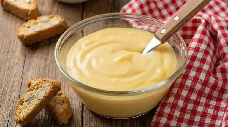 Ciotola di crema pasticcera con cucchiaio di legno su tavolo rustico