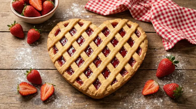 Crostata a forma di cuore con marmellata di fragole su tavolo rustico