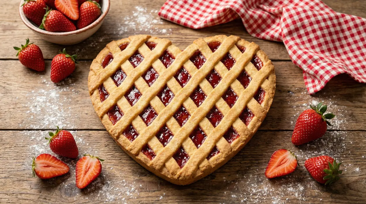 Crostata a forma di cuore con marmellata di fragole su tavolo rustico