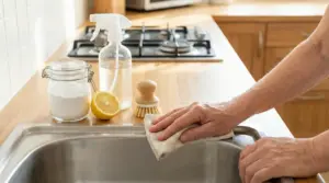 Persona pulisce il lavello in cucina con panno, limone e detergenti naturali sul piano di lavoro
