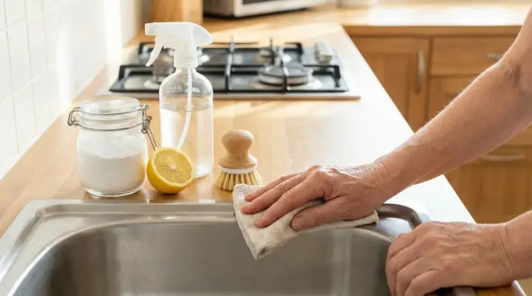 Persona pulisce il lavello in cucina con panno, limone e detergenti naturali sul piano di lavoro