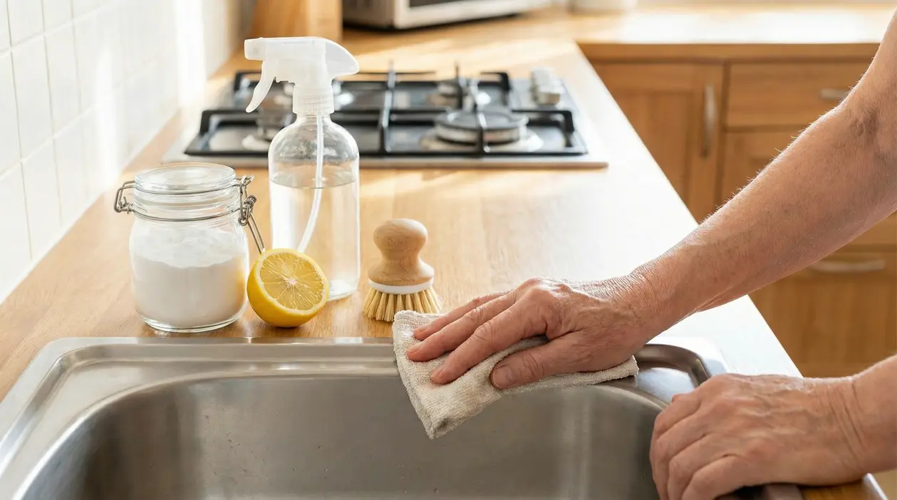 Persona pulisce il lavello in cucina con panno, limone e detergenti naturali sul piano di lavoro