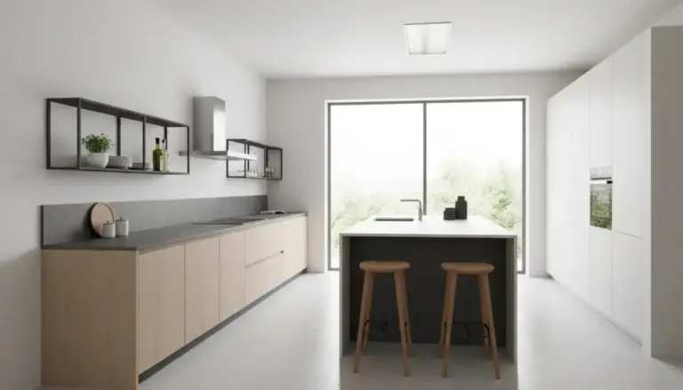 Cucina moderna minimal con mensole a vista, base in legno e isola centrale, senza pensili alti