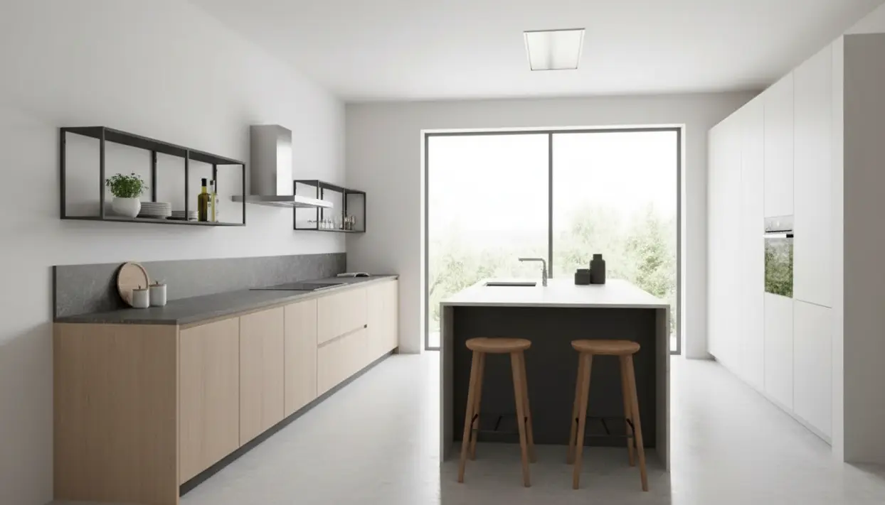 Cucina moderna minimal con mensole a vista, base in legno e isola centrale, senza pensili alti