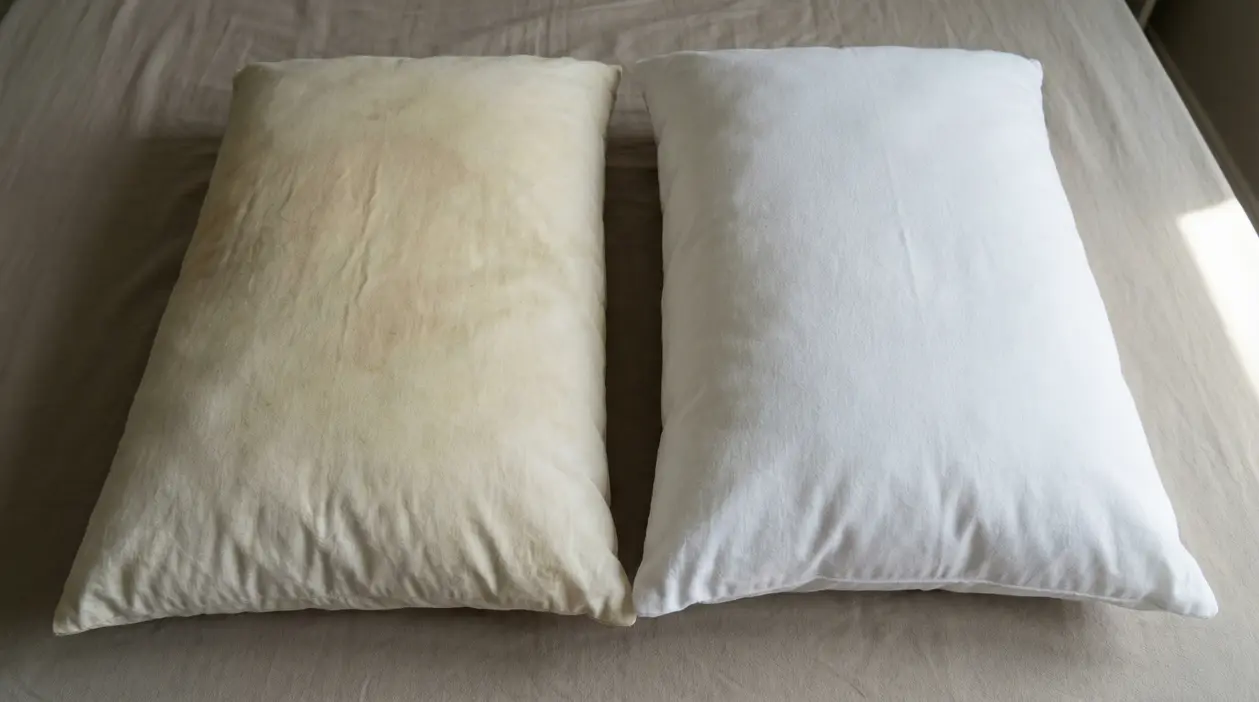 Confronto tra un cuscino ingiallito e uno bianco pulito su un letto