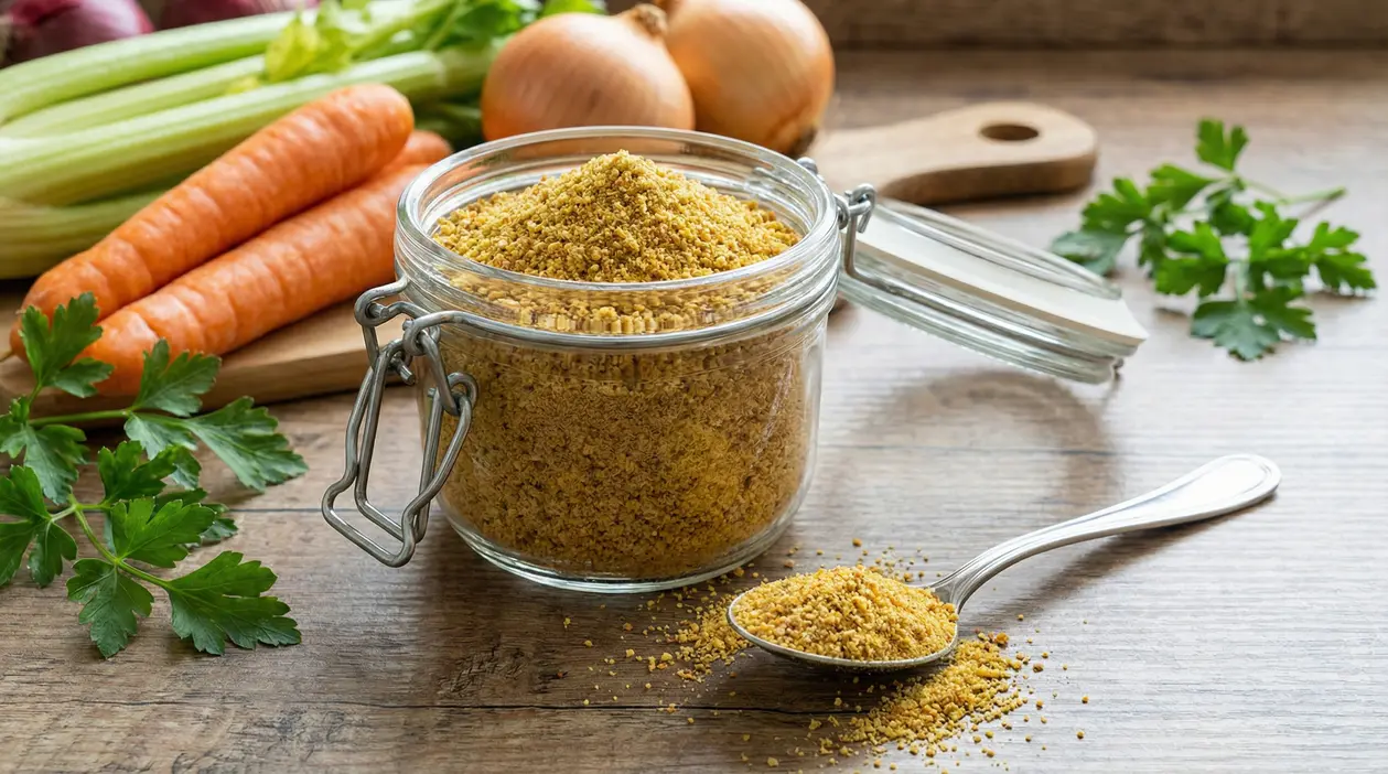 Barattolo di dado granulare fatto in casa con verdure fresche sullo sfondo