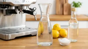 Macchinetta del caffè con acqua, limoni e acido citrico per preparare un decalcificante naturale