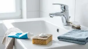 Dentifricio, spugna e panno in microfibra accanto al lavandino del bagno per pulizie di casa