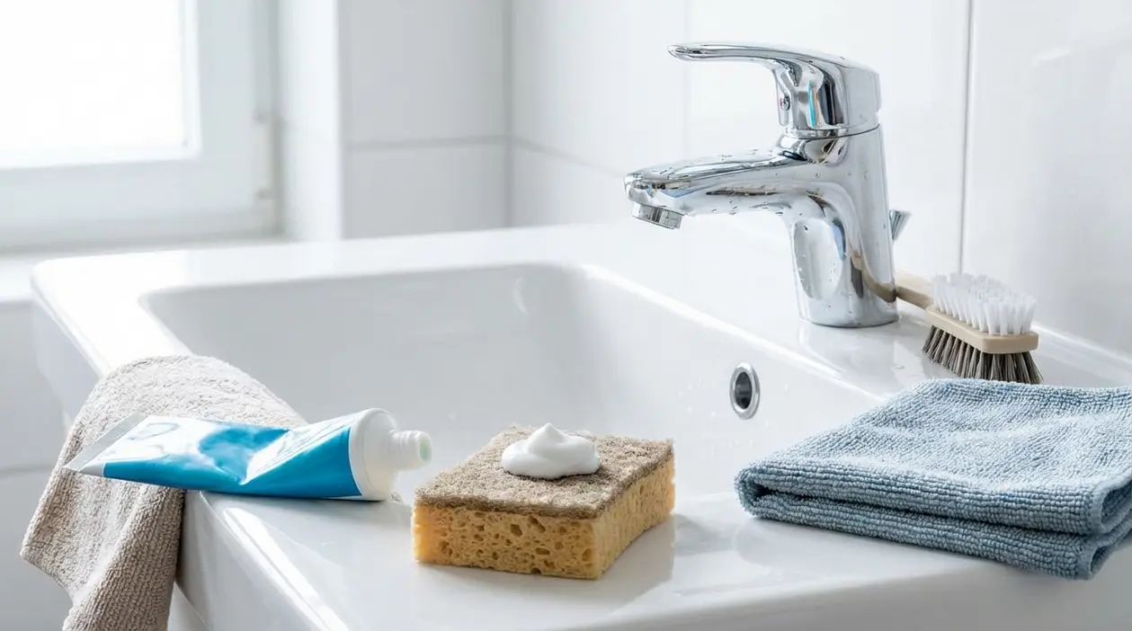 Dentifricio, spugna e panno in microfibra accanto al lavandino del bagno per pulizie di casa
