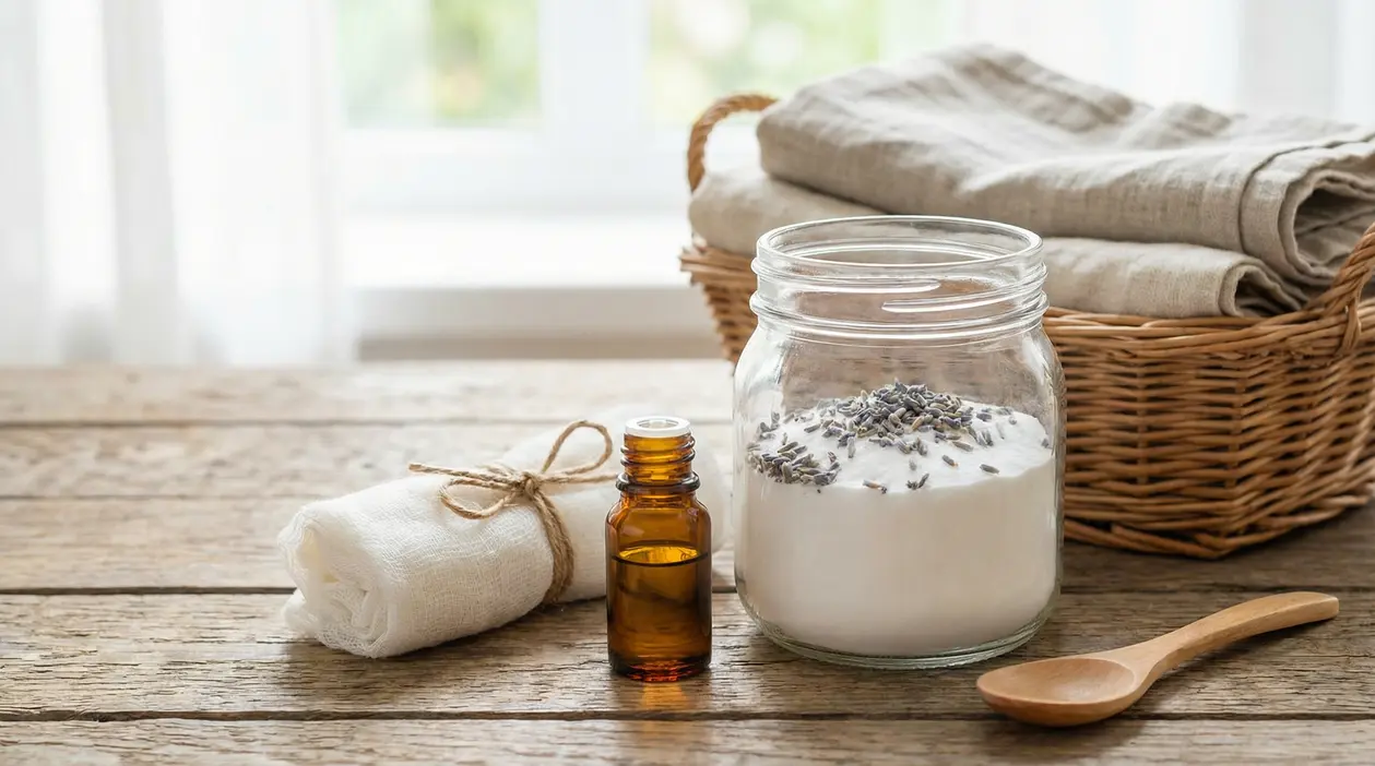 Barattolo con bicarbonato e lavanda, boccetta di olio essenziale e sacchetto in garza per deodorante armadi fai da te
