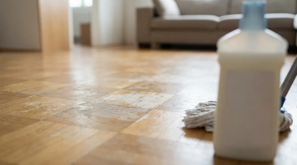 Detergente e mocio su pavimento in parquet in soggiorno durante la pulizia domestica