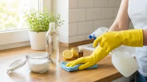 Persona pulisce il piano cucina con detergente fai-da-te, limone, bicarbonato e spray in una cucina luminosa