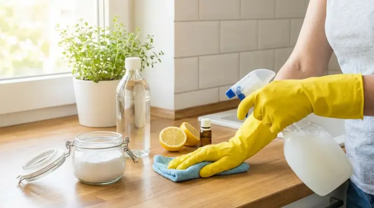 Persona pulisce il piano cucina con detergente fai-da-te, limone, bicarbonato e spray in una cucina luminosa