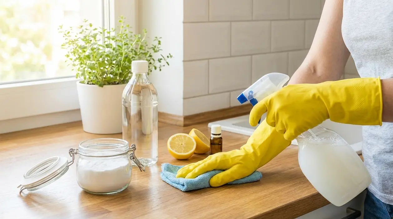 Persona pulisce il piano cucina con detergente fai-da-te, limone, bicarbonato e spray in una cucina luminosa