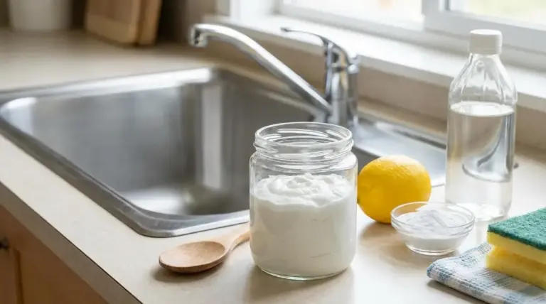 Detergente cremoso fai da te in barattolo vicino al lavello, con limone, bicarbonato e aceto