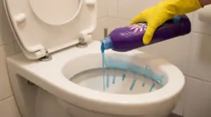 Mano con guanto giallo versa detergente blu sulle pareti del wc per la pulizia notturna