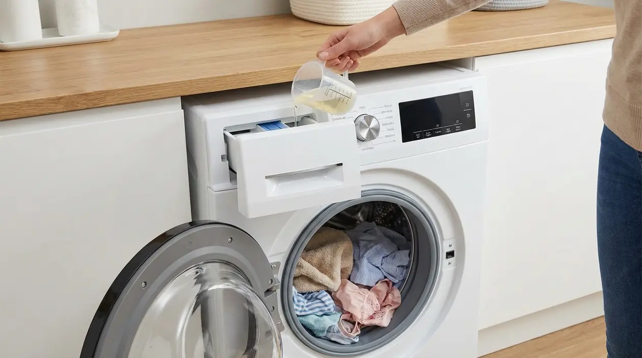 Persona versa detersivo liquido nel cassetto della lavatrice a carica frontale, con bucato nel cestello