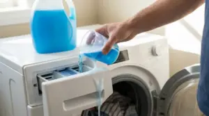 Persona versa troppo detersivo liquido nel cassetto della lavatrice, con schiuma che trabocca