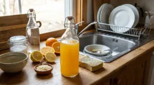 Detersivo per piatti fatto in casa in bottiglia, con limoni, arance e ingredienti naturali accanto al lavello