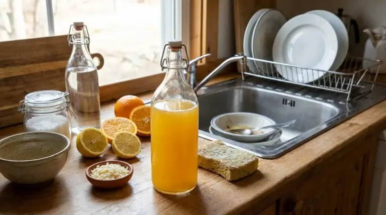 Detersivo per piatti fatto in casa in bottiglia, con limoni, arance e ingredienti naturali accanto al lavello