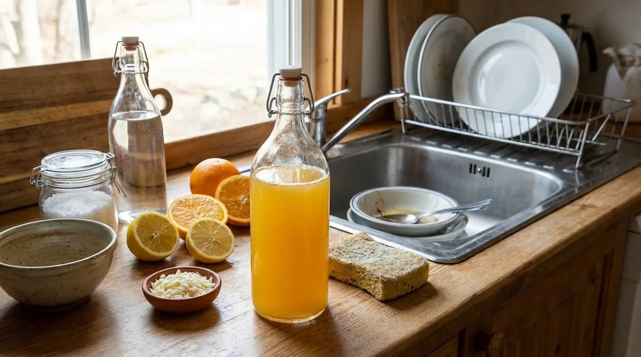Detersivo per piatti fatto in casa in bottiglia, con limoni, arance e ingredienti naturali accanto al lavello