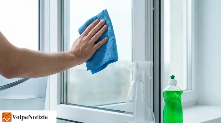 Persona che pulisce il vetro di una finestra con un panno in microfibra, vicino a spruzzino e detersivo per piatti