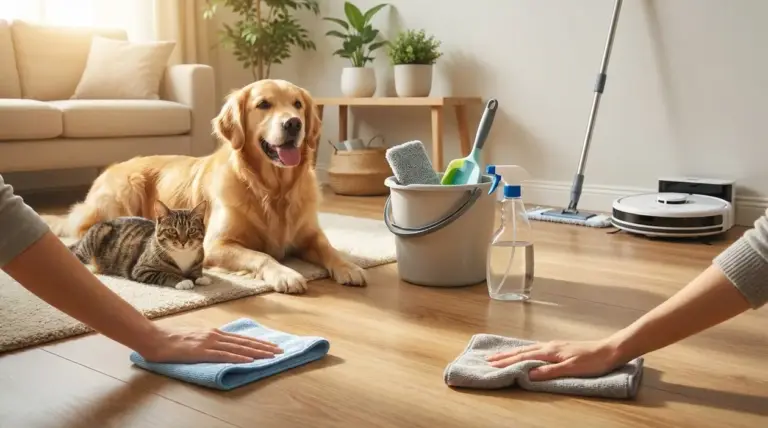 Cane e gatto in soggiorno mentre si pulisce il pavimento con panni e secchio, per una casa disinfettata in sicurezza