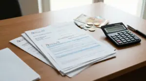 Documenti fiscali su un tavolo con calcolatrice, penna e contanti