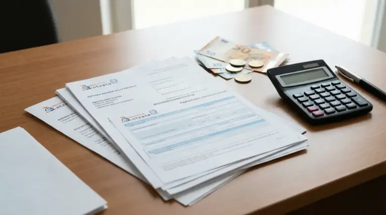 Documenti fiscali su un tavolo con calcolatrice, penna e contanti