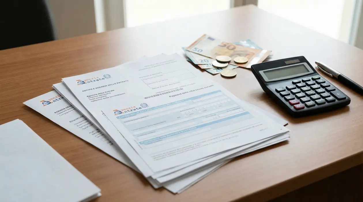 Documenti fiscali su un tavolo con calcolatrice, penna e contanti