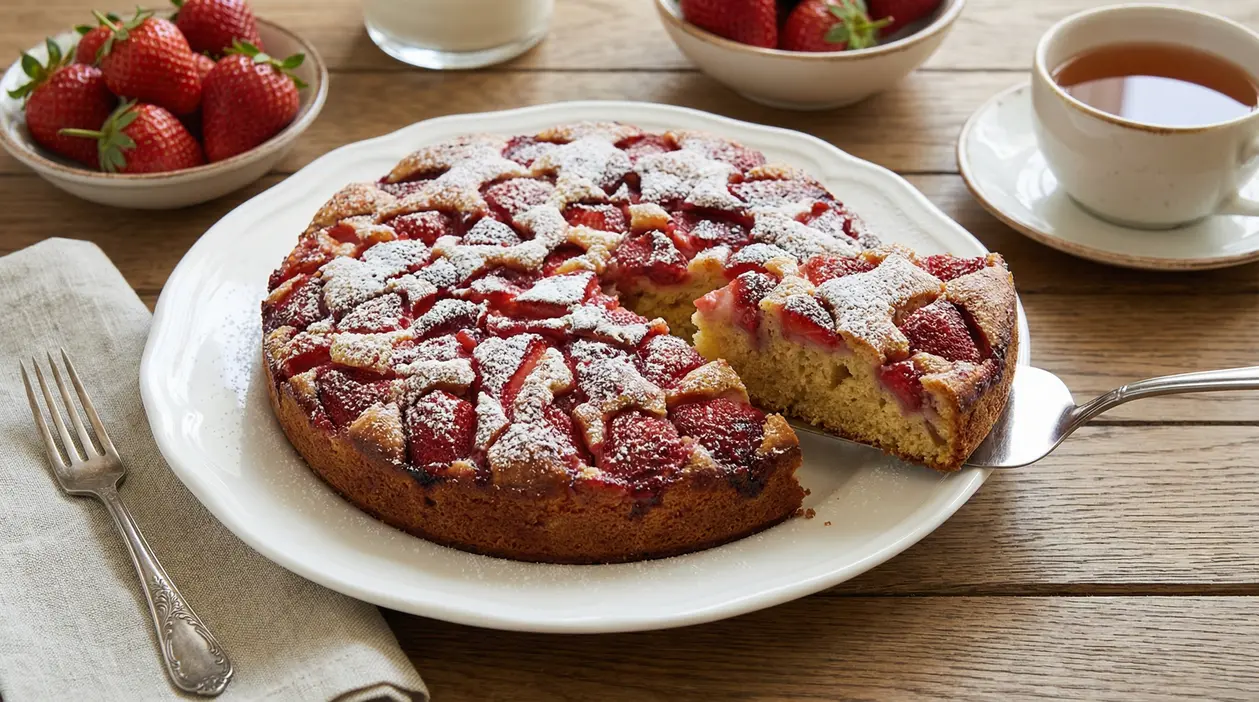 Torta soffice alle fragole con zucchero a velo servita su un piatto bianco