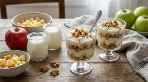 Dolce al cucchiaio con yogurt, mela a pezzi e noci servito in bicchieri di vetro su un tavolo rustico