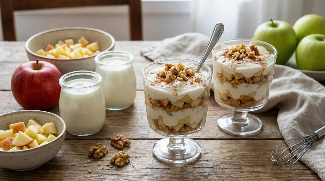 Dolce al cucchiaio con yogurt, mela a pezzi e noci servito in bicchieri di vetro su un tavolo rustico