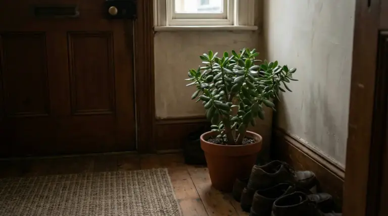 Albero di giada in vaso di terracotta posizionato vicino alla porta d’ingresso, su pavimento in legno