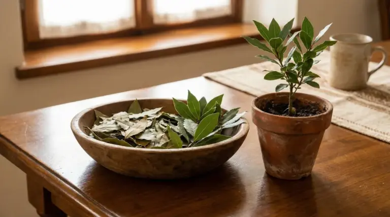 Pianta di alloro in vaso e foglie di alloro in una ciotola su un tavolo vicino a una finestra