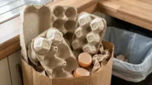 Contenitori di cartone delle uova e gusci in un sacchetto vicino al bidone della raccolta differenziata